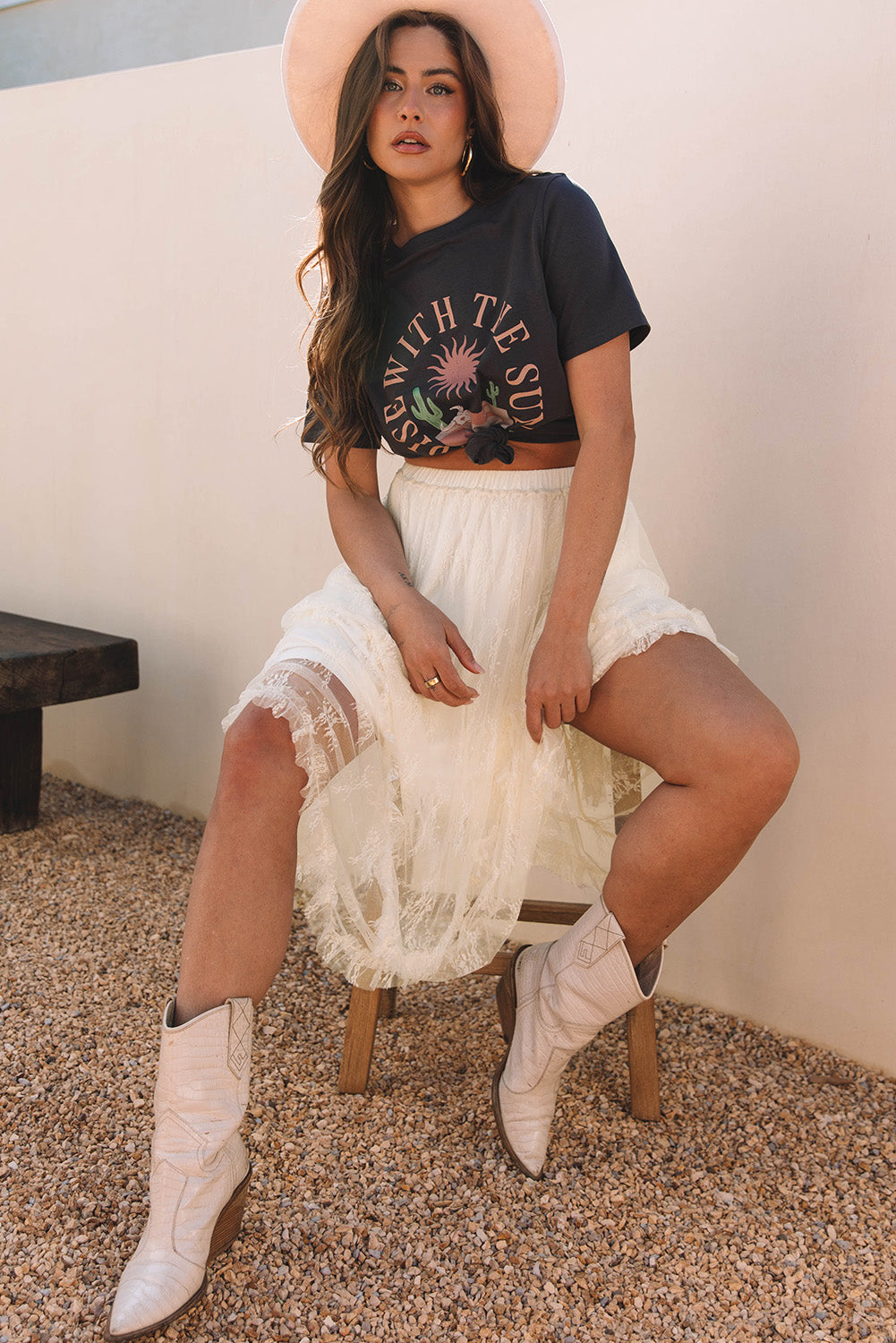 Beige Lace Cascading Tiered High Waist Maxi Skirt- Women