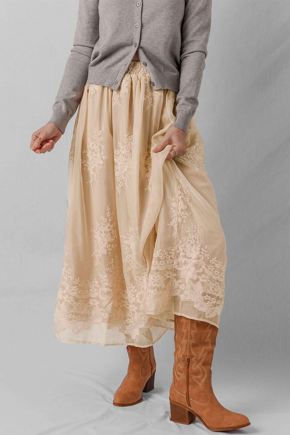 Oatmeal Embroidered Mesh Overlay Flowy Long Skirt- Women