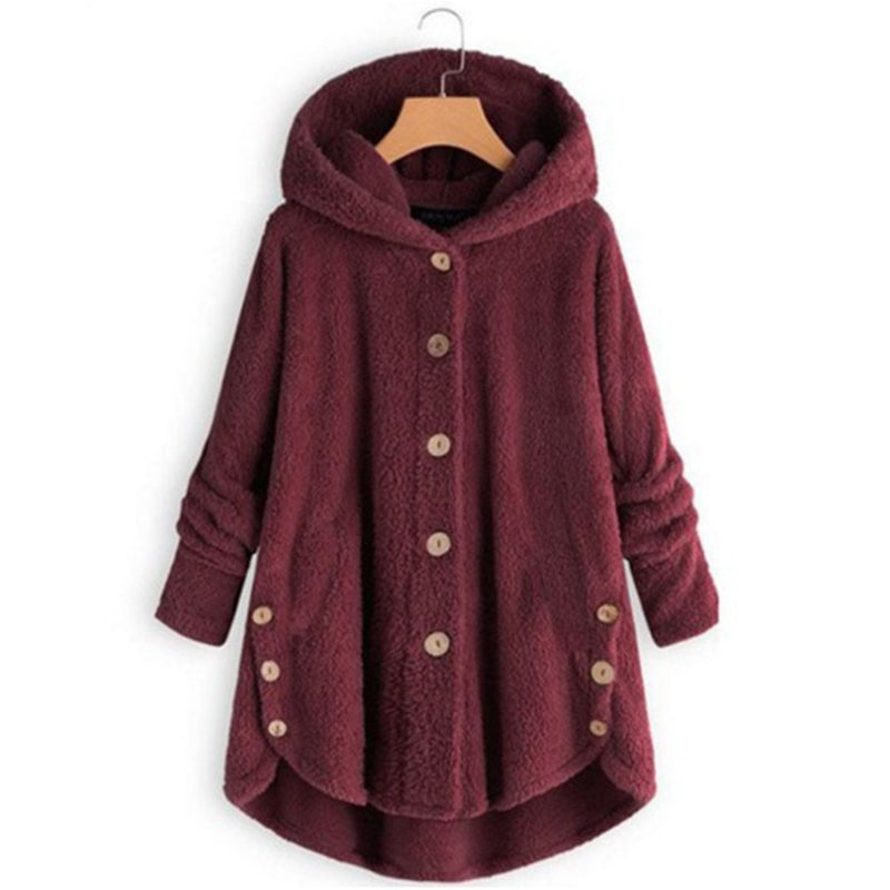 Plus Size Women's Vintage Sherpa Hooded Cardigan Plush Lined Button Up Jacket For Autumn And Winter Wine Red