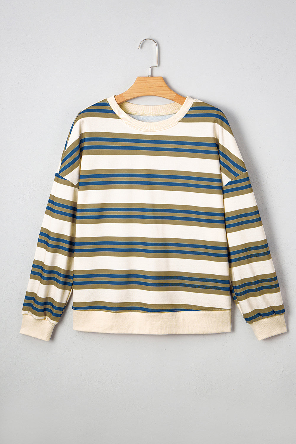 Khaki Stripe Crew Neck Drop Shoulder Pullover Sweatshirt- Women