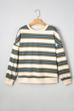Khaki Stripe Crew Neck Drop Shoulder Pullover Sweatshirt- Women
