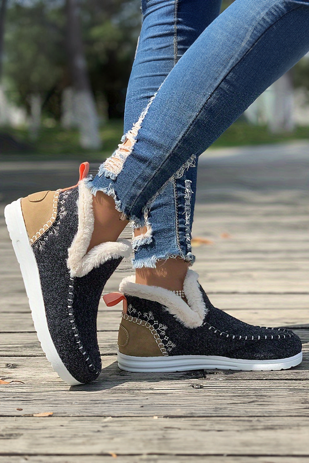 Carbon Grey Suede Stitching Patchwork Plush Lined Anklet Boots- Women