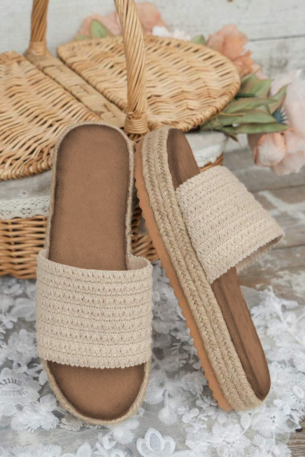 White Boho Woven Non-slip Wedge Slippers- Women