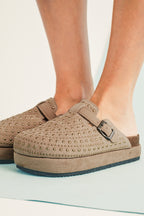 Parchment Rivet Buckle Closed Toe Platform Slippers- Women