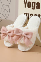 White Bow Knot Decor Open Toe Plush Slippers- Women