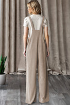 Parchment Ribbed Knit Patched Pocket Wide Leg Overalls- Women