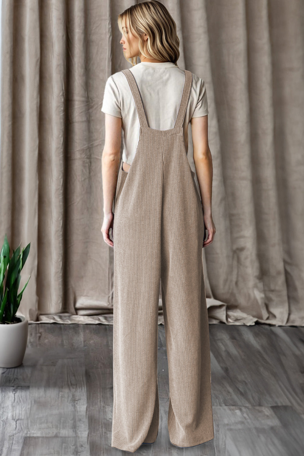 Parchment Ribbed Knit Patched Pocket Wide Leg Overalls- Women