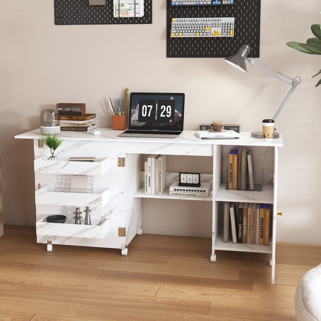 57.5' Foldable Sewing Machine Table with Locking Casters, Multi-Storage Craft Station with Shelves, Bins & Cabinet, Adjustable Sewing Cabinet for Home, Bedroom, and Craft Room(White)