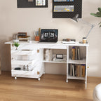 57.5' Foldable Sewing Machine Table with Locking Casters, Multi-Storage Craft Station with Shelves, Bins & Cabinet, Adjustable Sewing Cabinet for Home, Bedroom, and Craft Room(White)