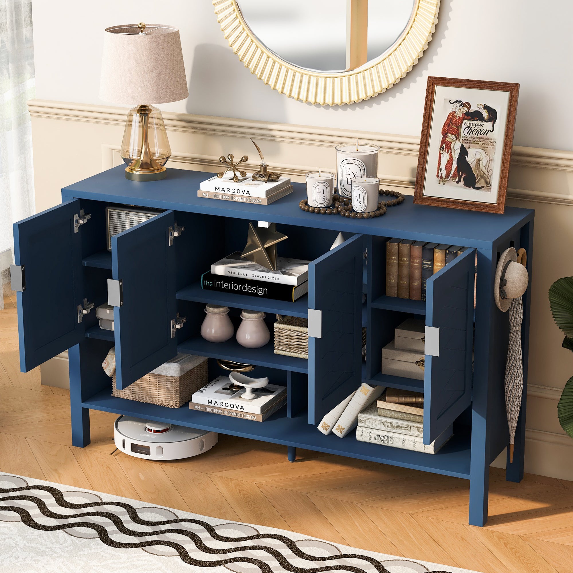 U_STYLE 55.1''Storage Sideboard with 4-Doors,Multi Functional Buffet with Open Shelf and 2-Tiers Adjustable Shelves,Modern Cabinet with Double Hooks,Suitable for Living Room, Hallway, Dining,Office.