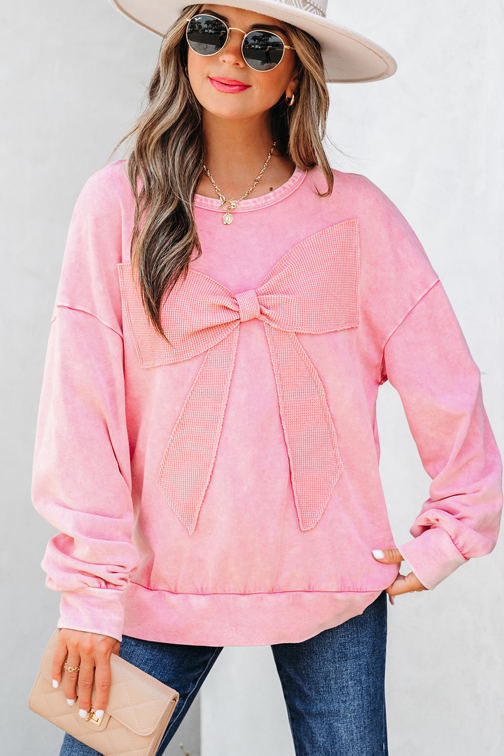 Bright Pink Mineral Wash Big Bow Patchwork Pullover Sweatshirt- Women Bright Pink 85%Cotton+15%Polyester