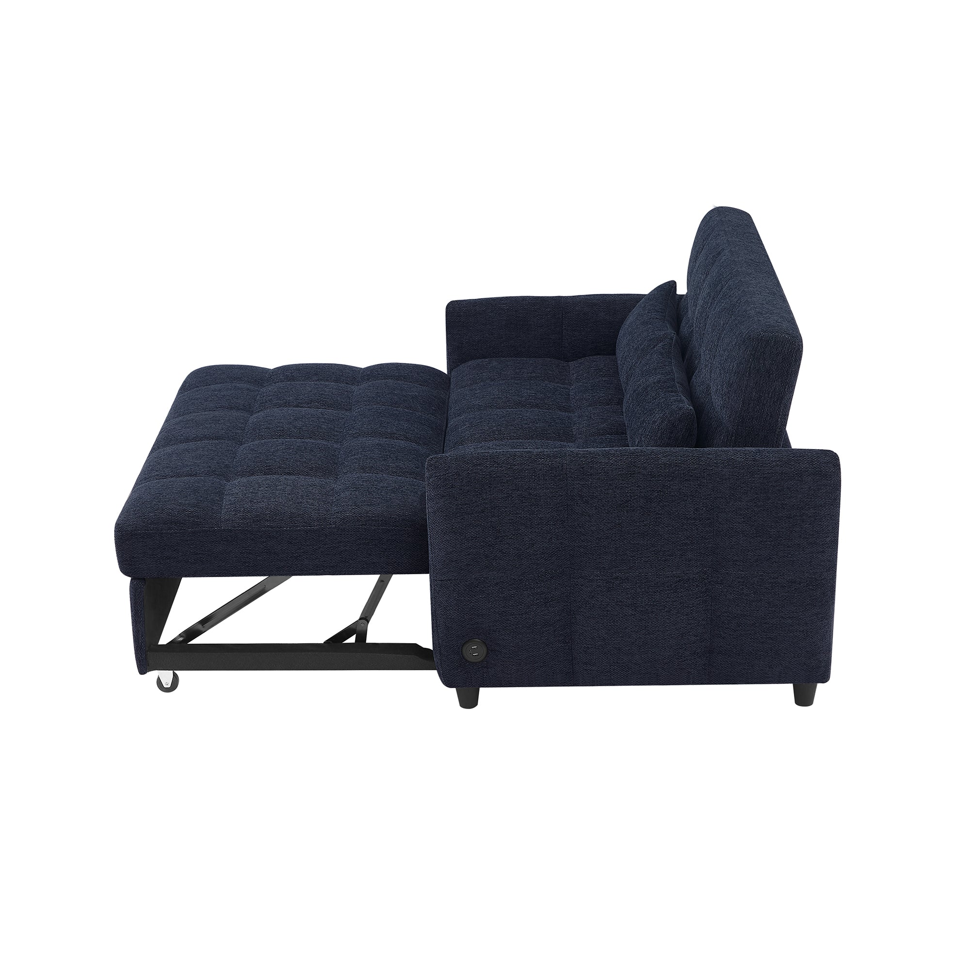 Modern Loveseat Sofa Pull-out Bed with Adjustable Backrest, USB Ports, Lumbar Pillows, Blue Chenille, 52.8'