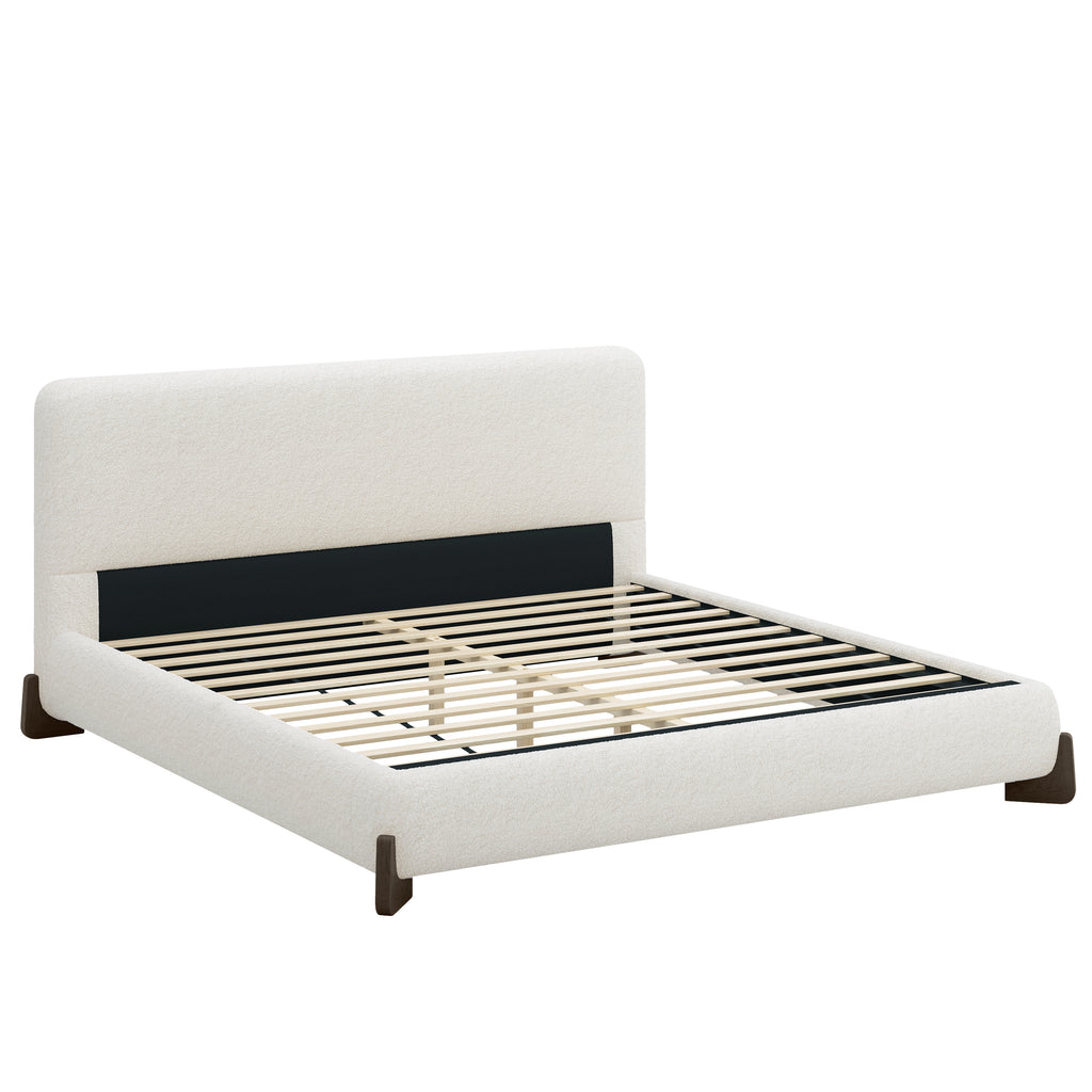 Elegant White Boucle Upholstered King Bed with Dark Brown Solid Wood Legs, Luxurious Bedroom Centerpiece Default