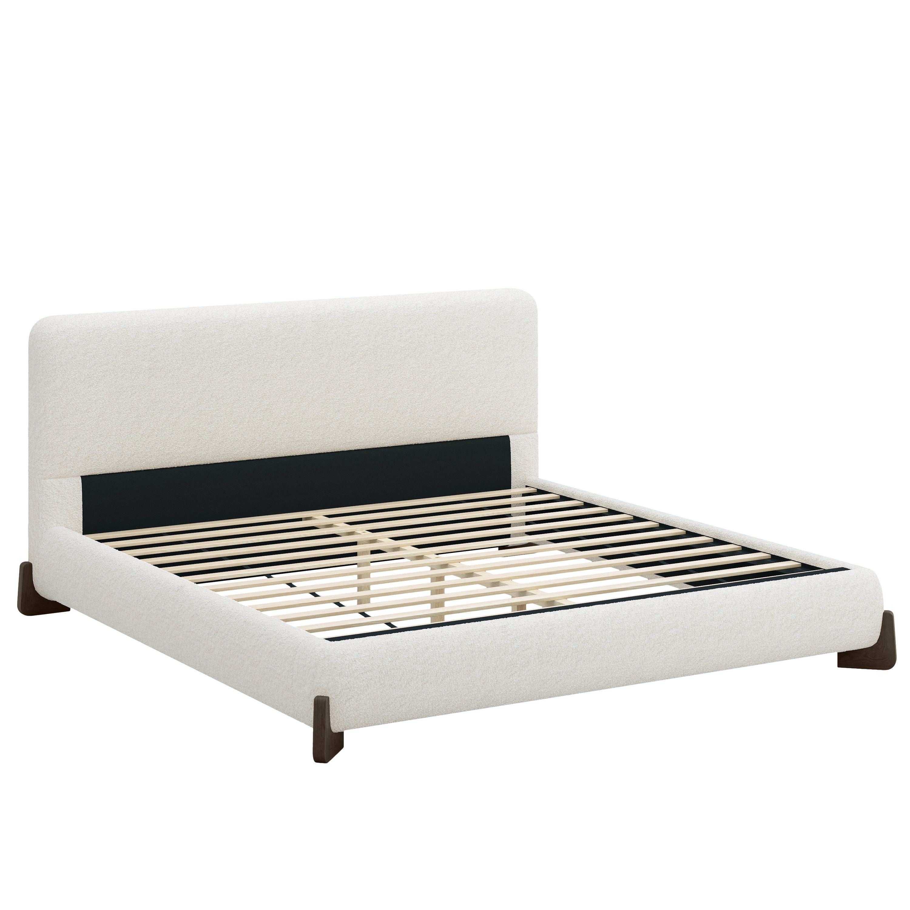 Elegant White Boucle Upholstered King Bed with Dark Brown Solid Wood Legs, Luxurious Bedroom Centerpiece Default