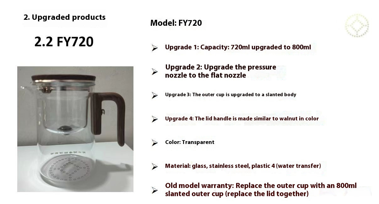 One Click Magnetic Teapot Separation Filtration Glass Tea Pot Wood Handle Tea Water Separation Inner Container Teapot FY720