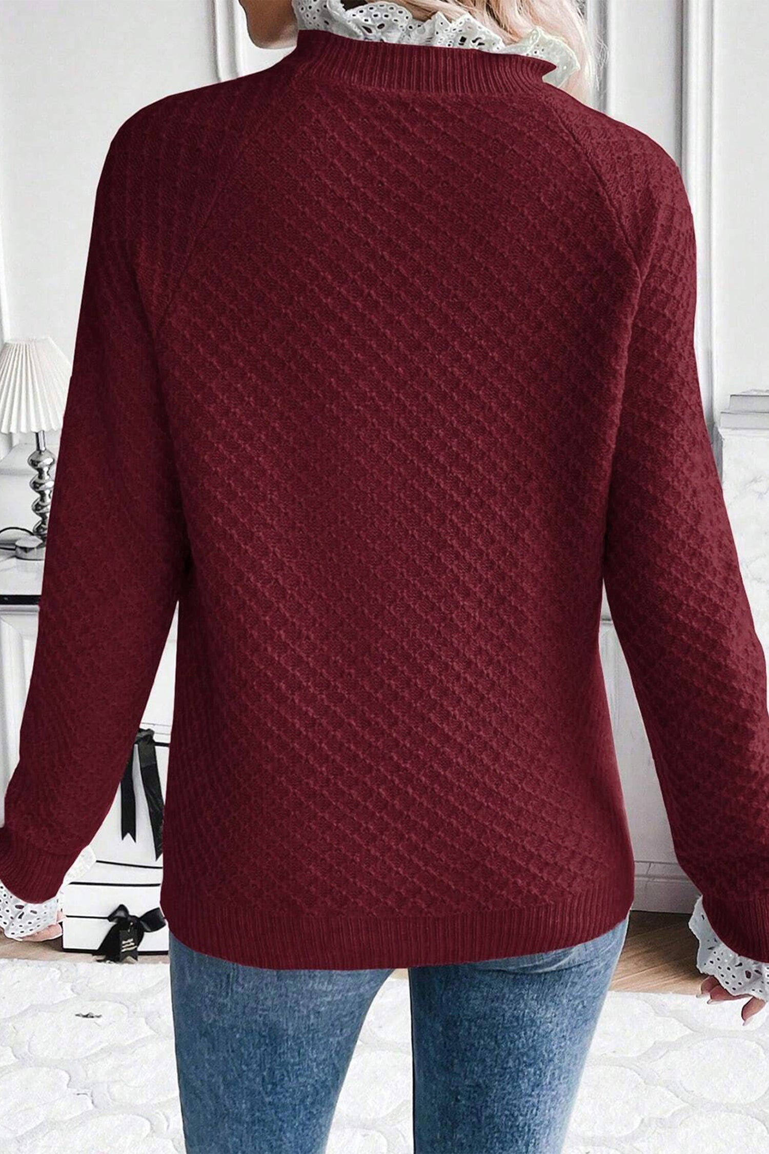Burgundy Contrast Lace Frilled Trim Raglan Sleeve Sweater- Women