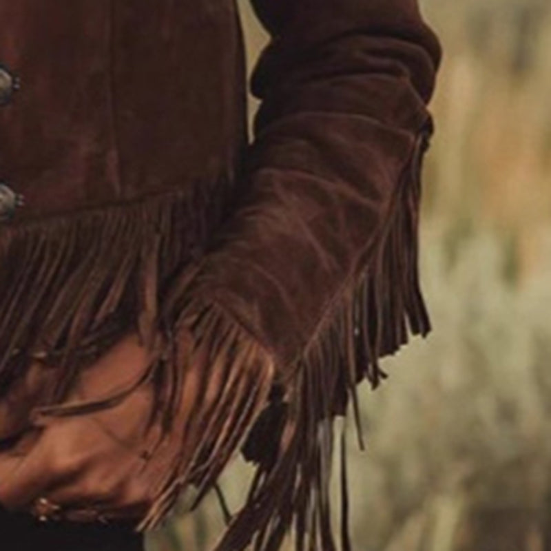 Women's Solid Color Fringe Suede-Look Jacket, Western Style Long Sleeve Button Front Coat For Fall & Winter