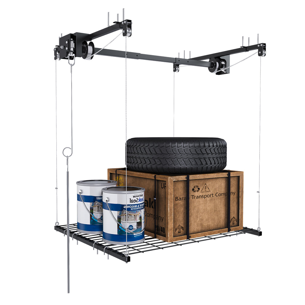 Overhead Garage Storage Rack 4x4 FT for High Ceilings 10-12 FT, 250LBS Capacity All-Steel Construction with Safety Lock (Installation Required, Heavy-Duty Garage Organizer)