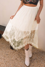 Beige Lace Cascading Tiered High Waist Maxi Skirt- Women