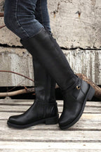 Black Side Zipper Knee High Chunky Low Heel Boots- Women
