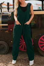 Evergreen Corduroy V Neck Patched Pocket Sleeveless Jumpsuit- Women
