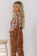 Chicory Coffee Velvet Adjustable Straps Patched Pocket Sleeveless Jumpsuit- Women