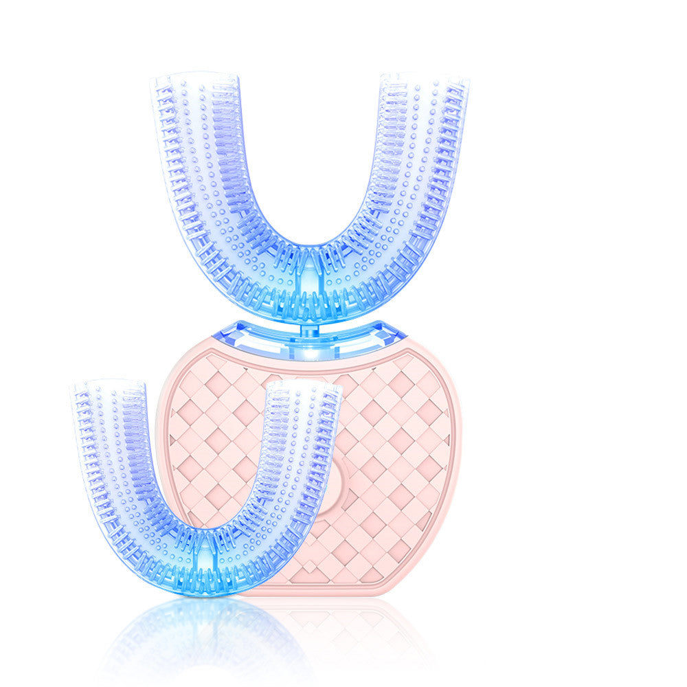 360 Degrees Intelligent Automatic Electric Toothbrush Waterproof U Type Tooth Brush Whitening Blue Light USB Charging Pink head box set