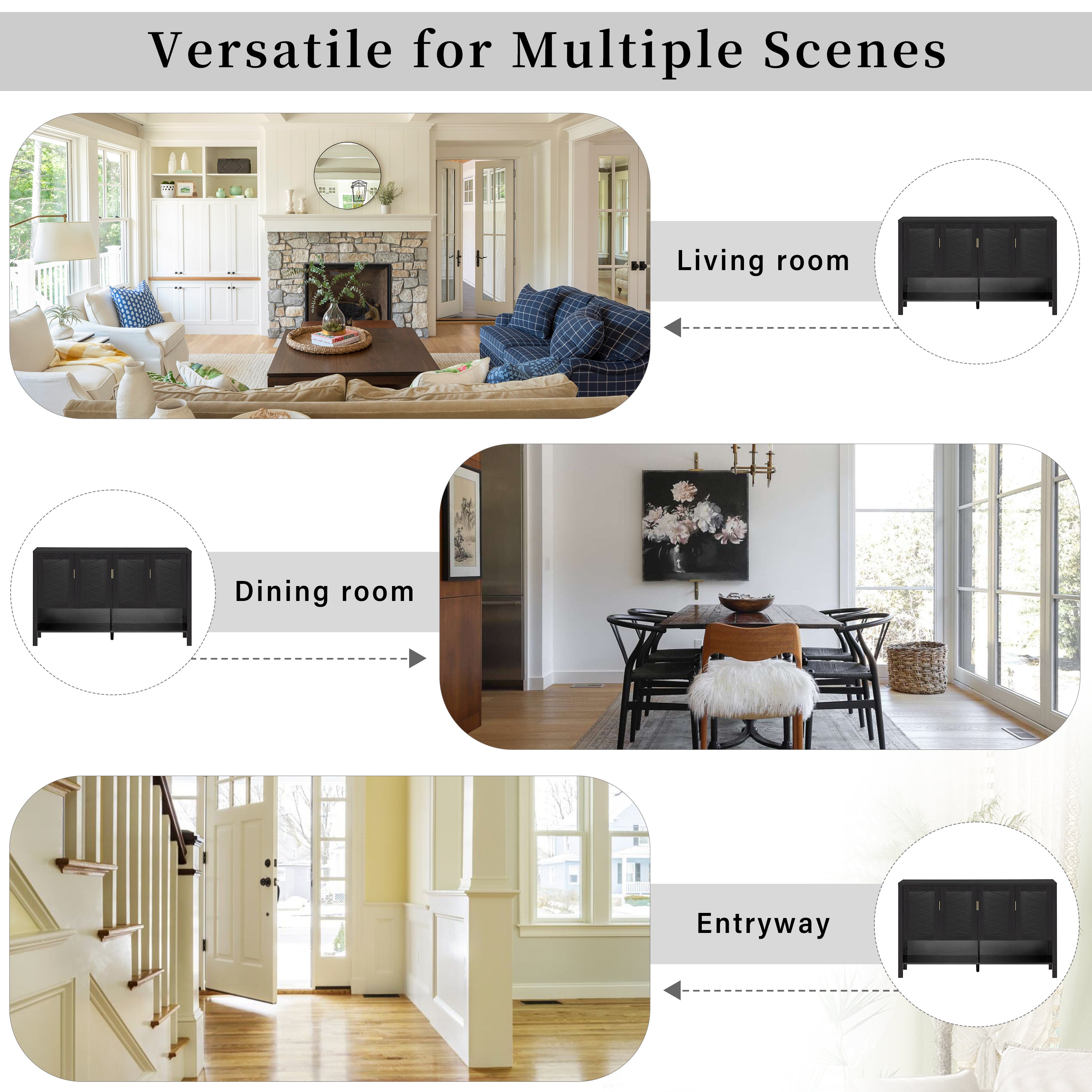 U_STYLE 55.1''Storage Sideboard with 4-Doors,Multi Functional Buffet with Open Shelf and 2-Tiers Adjustable Shelves,Modern Cabinet with Double Hooks,Suitable for Living Room, Hallway, Dining,Office.