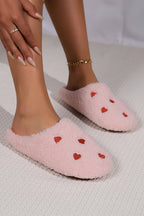 Pink Heart Shape Embroidered Slip On Plush Slippers- Women