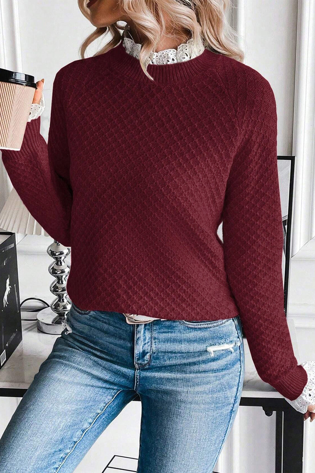 Burgundy Contrast Lace Frilled Trim Raglan Sleeve Sweater- Women