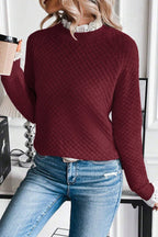 Burgundy Contrast Lace Frilled Trim Raglan Sleeve Sweater- Women