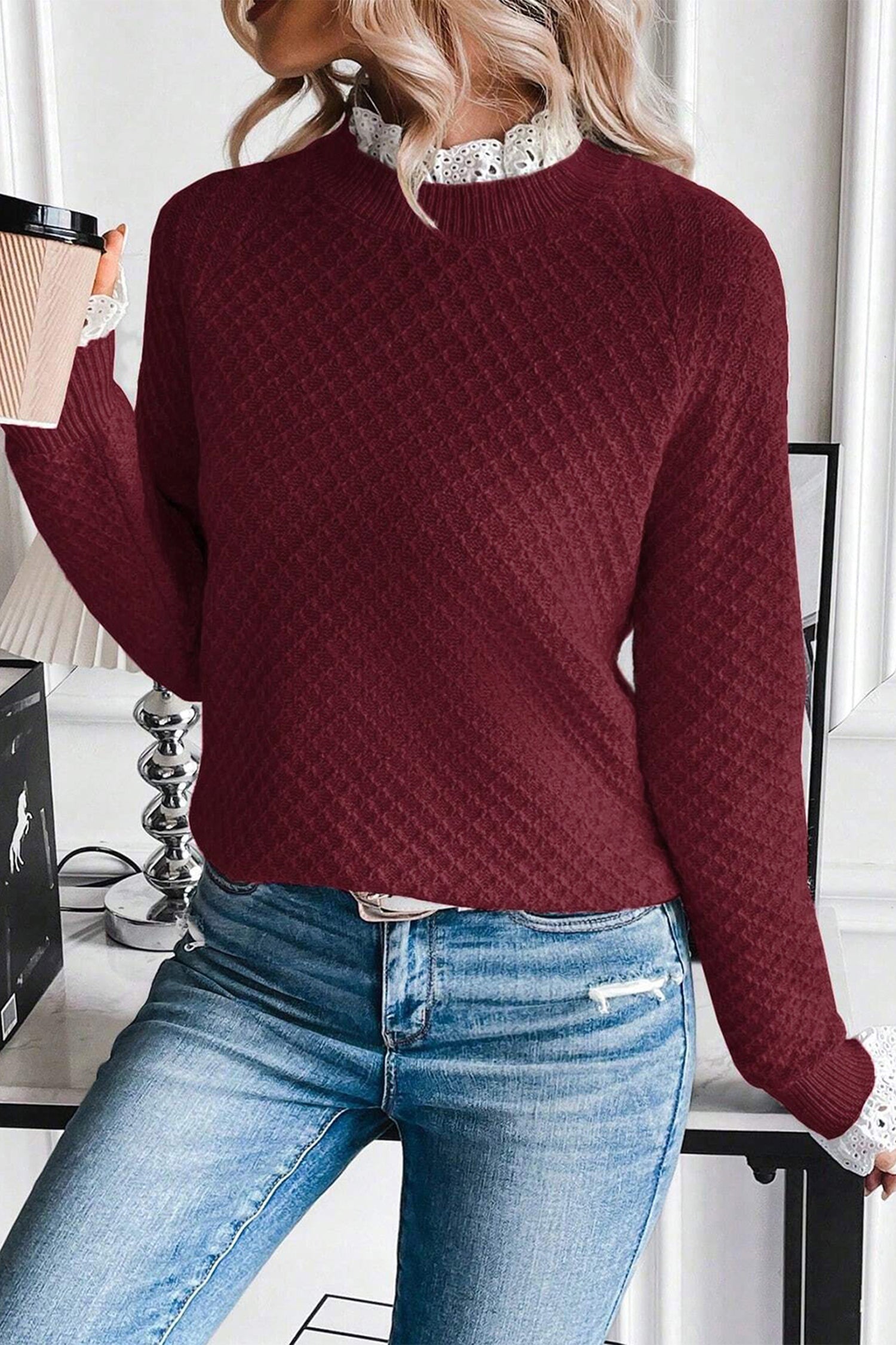 Burgundy Contrast Lace Frilled Trim Raglan Sleeve Sweater- Women