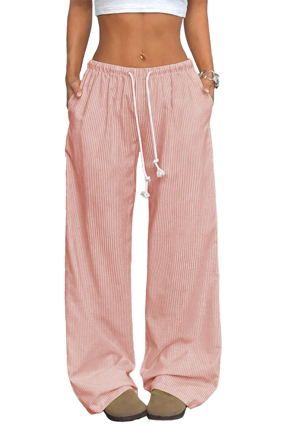 Pink Stripe Drawstring Plus Size Loose Pants- Women