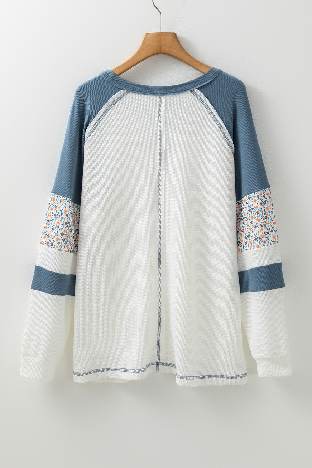 White Floral Patchwork Waffle Knit Raglan Top- Women