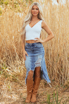 Dearlove Myosotis Irregular Distressed Bottom Denim Midi Skirt- Women