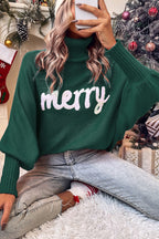 Blackish Green Merry Letter Embroidered High Neck Sweater- Women
