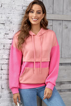 Pink Textured Color Block Kangaroo Pocket Drop Shoulder Hoodie- Women
