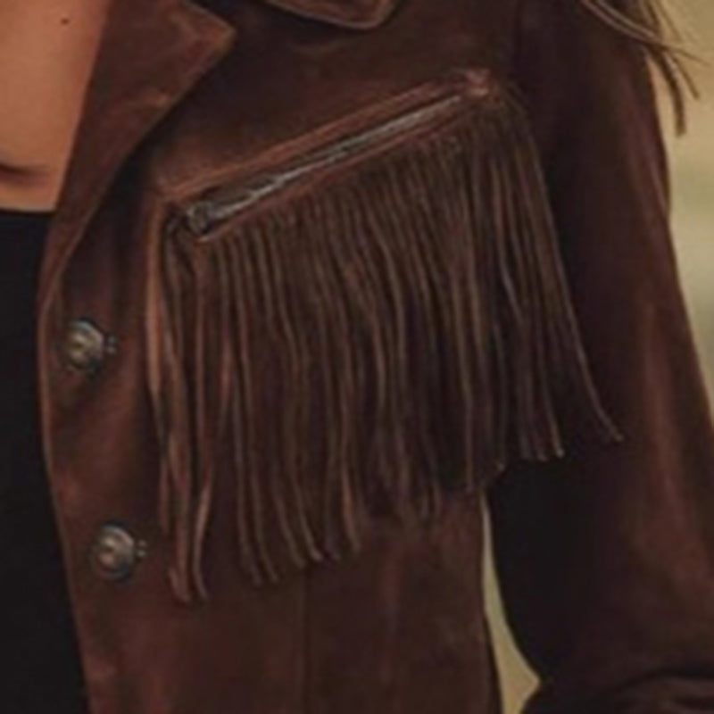 Women's Solid Color Fringe Suede-Look Jacket, Western Style Long Sleeve Button Front Coat For Fall & Winter