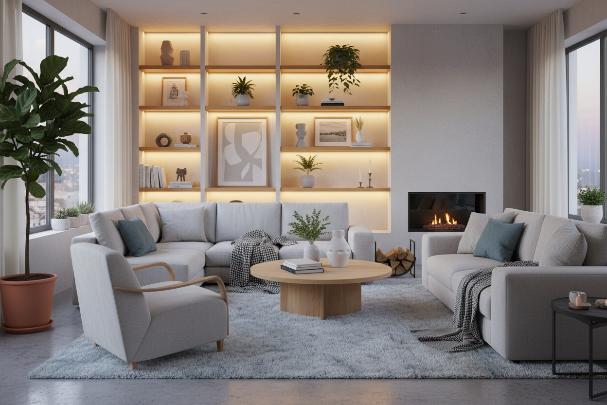 Cozy modern living room with ambient LED lighting, stylish furniture, decorative items, plants, warm atmosphere, Scandinavian interior design, soft textures, neutral color palette with blue accents, clean and organized space