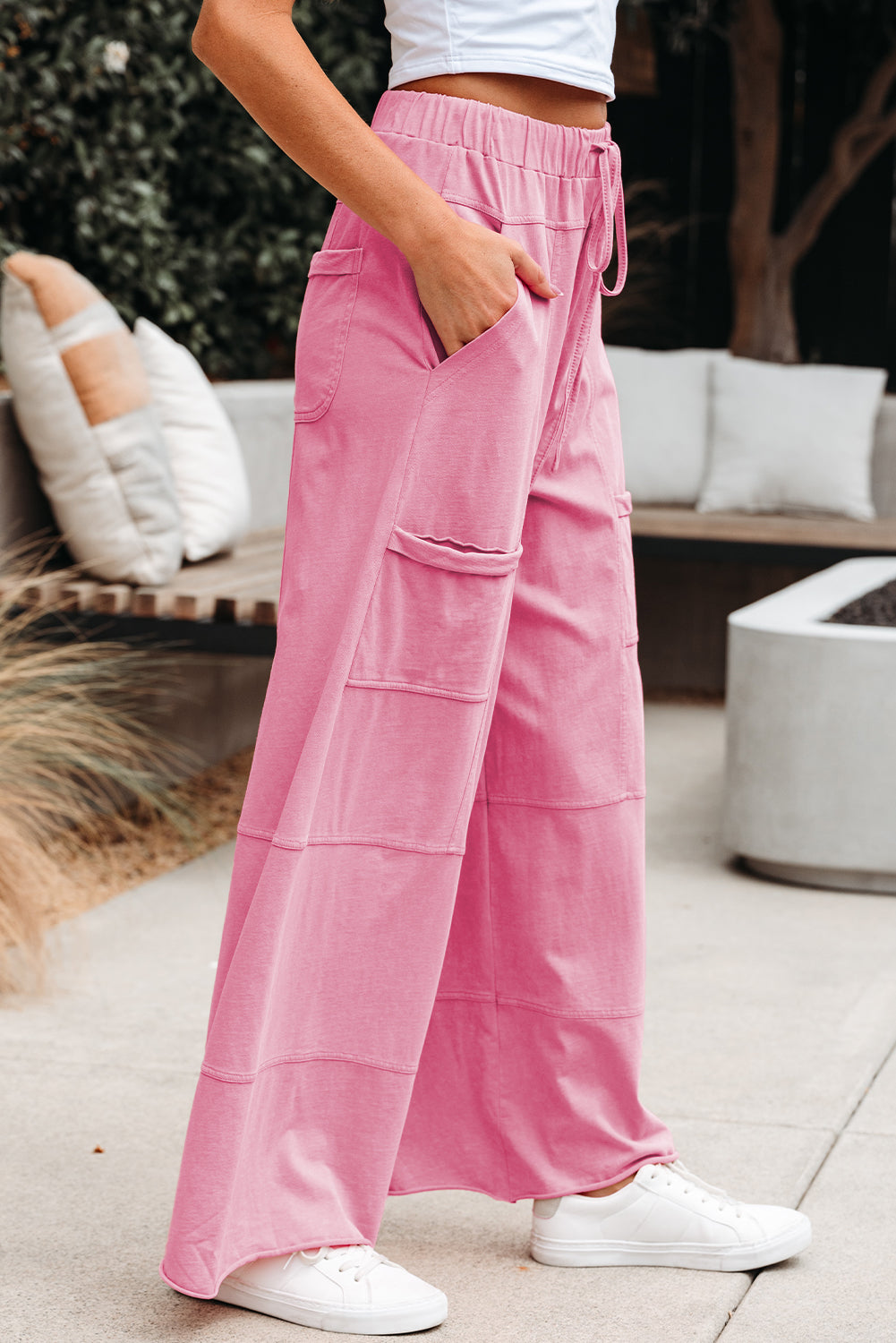 Bonbon Mineral Wash Exposed Seam Drawstring Elastic Waistband Wide Leg Cargo Pants- Women