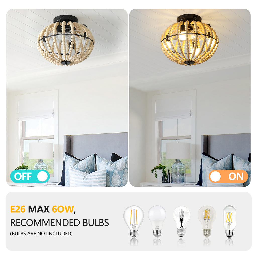 18' Bohemian Wood Beaded Ceiling Fan with Light, Flush Mount Caged Ceiling Fan, Rustic Farmhouse Low Profile Fan Light Fixture for Indoor Home Decor (Silent/6-Speed/Reversible/DC Motor) (No Bulbs)