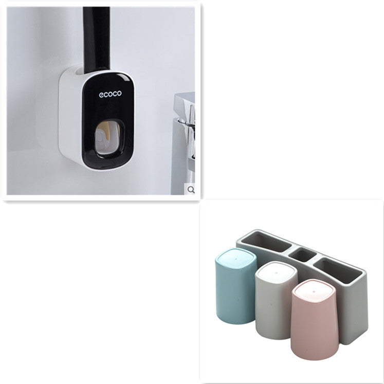 Wall Mounted Automatic Toothpaste Holder Bathroom Accessories Set Dispenser Black Three cups