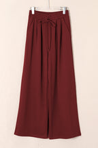 Burgundy Tied Elastic High Waist Pleated Detail Solid Sweatpants- Women