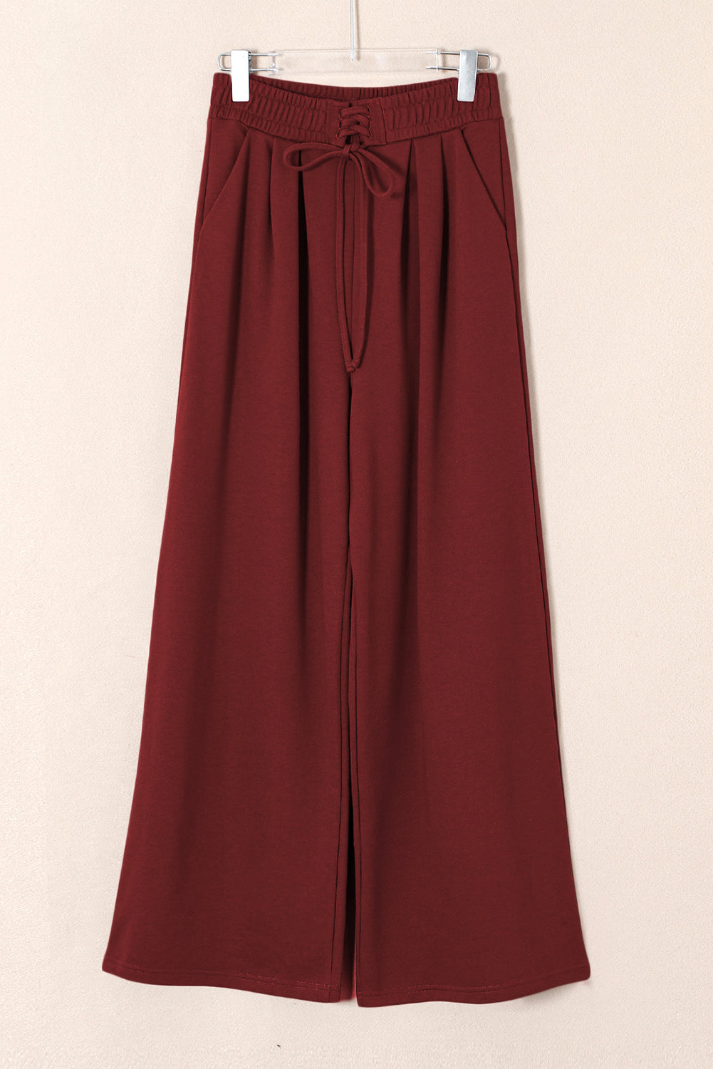 Burgundy Tied Elastic High Waist Pleated Detail Solid Sweatpants- Women