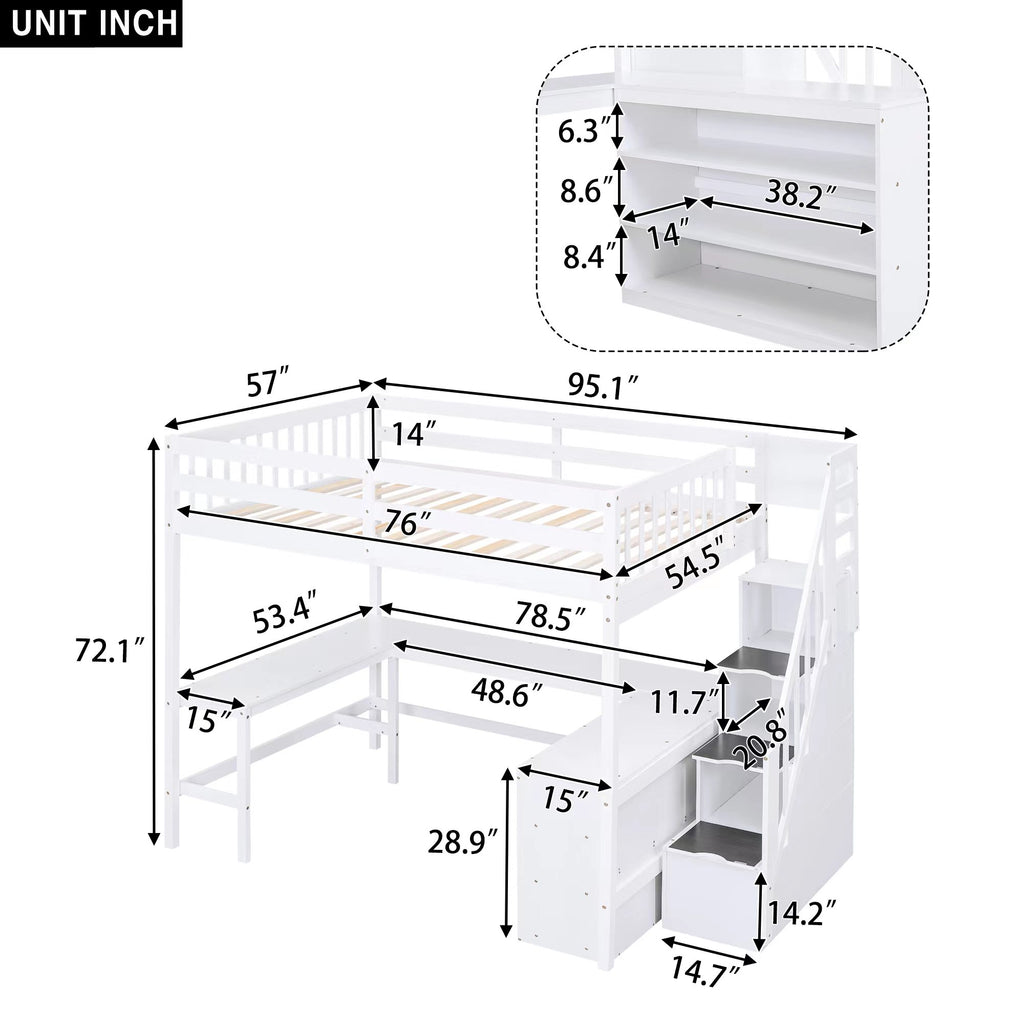 Full Size Loft Bed with Built-in L-Shaped Desk and Three-Tier Storage Shelves,and Attached Storage Staircase, White(Old SKU: GX001809AAK)