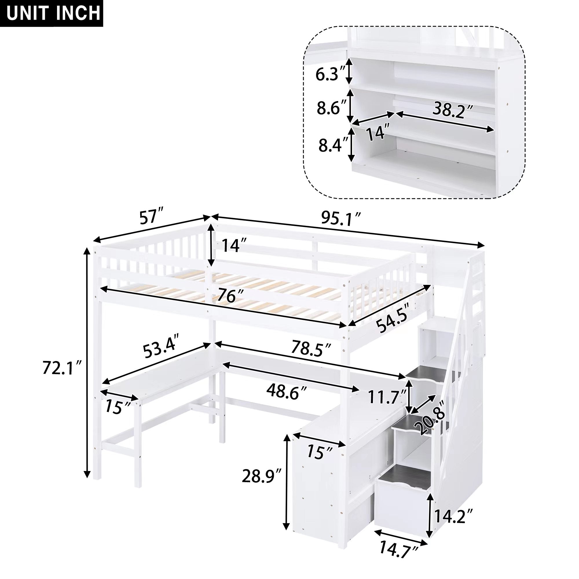 Full Size Loft Bed with Built-in L-Shaped Desk and Three-Tier Storage Shelves,and Attached Storage Staircase, White(Old SKU: GX001809AAK)