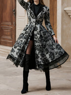 2026 New Women's Evening Dress, Lace Decoration, Collar, Flower Print Press, Long Sleeve, Dance Dress