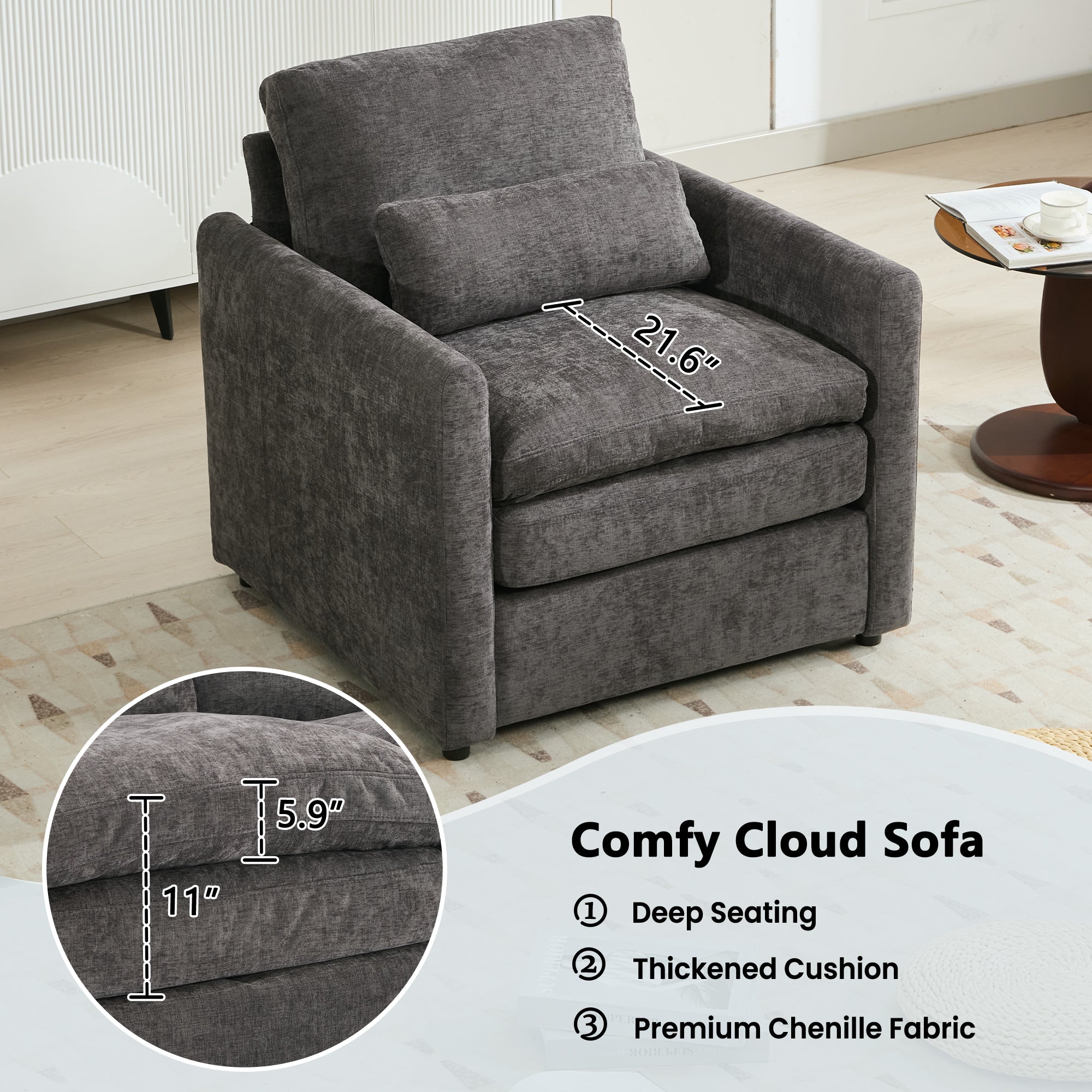 Cozy Upholstered Sofa Set Oversized Comfy Cloud Sofa Double Cushion Sofa Group Plush Cushion Sofa Couch for Living Room, Grey