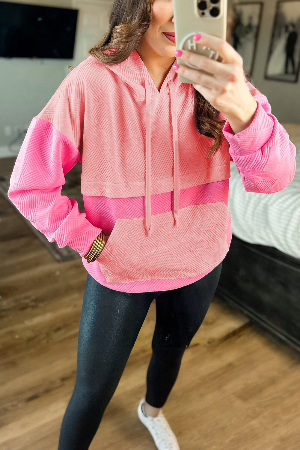 Pink Textured Color Block Kangaroo Pocket Drop Shoulder Hoodie- Women