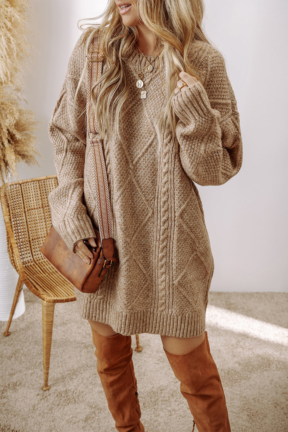 Parchment Cable Knit Drop Shoulder Loose Fit Sweater Dress- Women